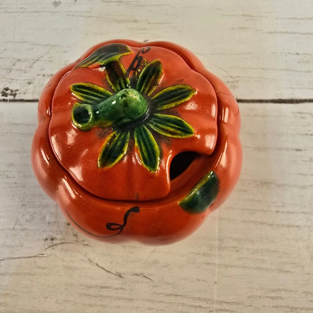 Vintage Ceramic Pumpkin Tomato Salt Pepper Shakers and Lidded Jam Pot Set Orange